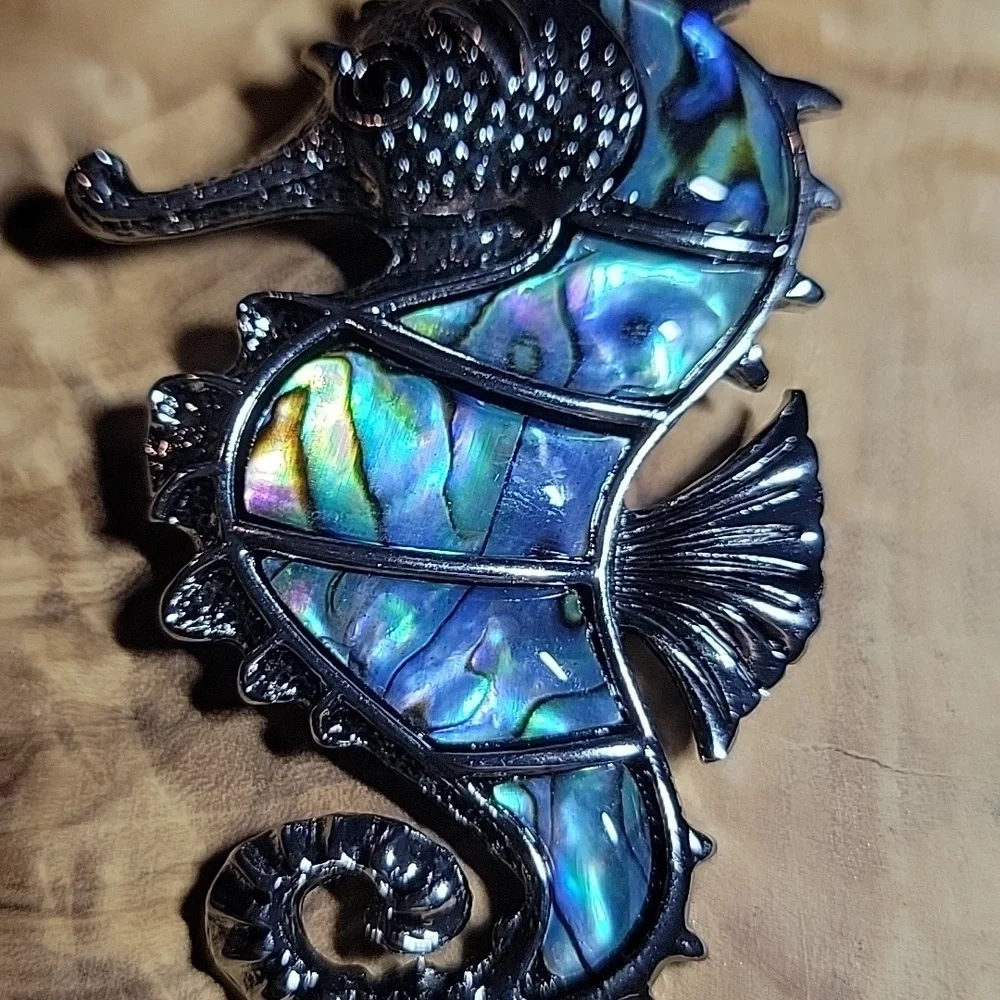 NEW Fantastic Colorful Abalone Shell Seahorse Pendant Brooch Beach Boho Chic